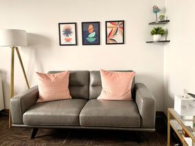 Grey sofa with pink pillows in therapy office for adults and children seeking CBT therapy for anxiety and OCD. Colorful paintings and plants are seen on the wall. 